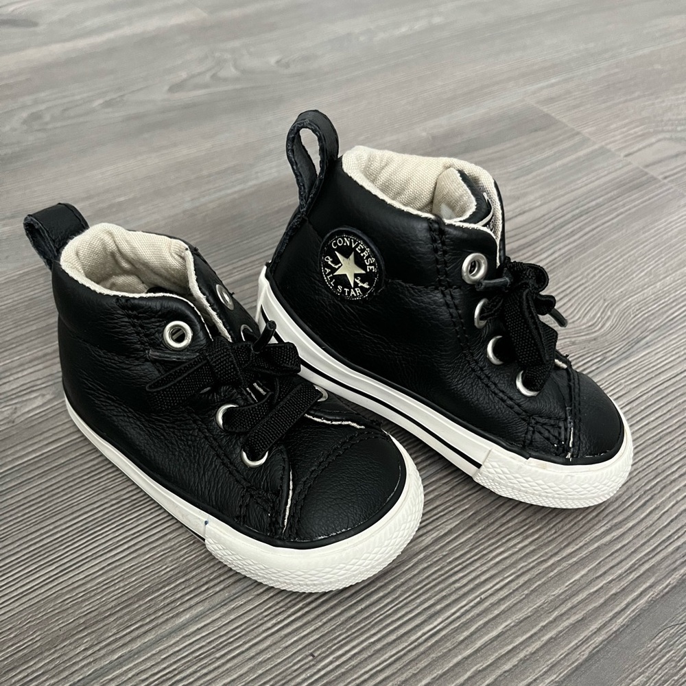 Black Leather Converse High Top shoes baby boy size 4